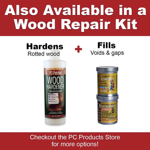 Petrifier Water Based Wood Hardener and filler kit for repairing wood damaged by insects or rot. Includes hardener and filler products.