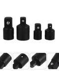 Sturdy Black Socket Adapter Set That Actually Holds Tight For Car Repairs And Tool Needs With High Torque Steel Design To Bust Through Rusted Bolts Quickly Without Slipping Or Failing, four-piece black steel impact adapters
