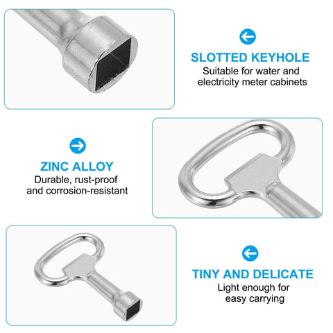 8mm Water Meter Switch Key Set Four Pack Zinc Alloy Universal Lock Wrench for Cabinets and Meters, featuring close-up details