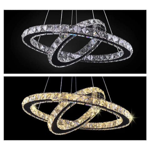 Modern 4-Ring Crystal LED Chandelier With Adjustable Height, K9 Crystal And Stainless Steel, Warm White, dual-light view