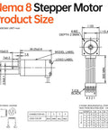NEMA 8 stepper motor schematic with side and front views, showing 40mm housing and 4-lead connector