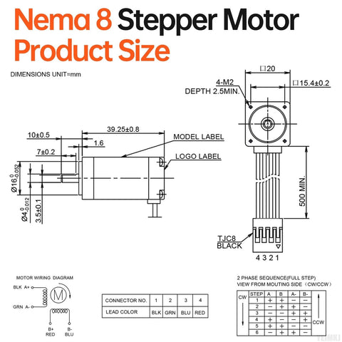 NEMA 8 stepper motor schematic with side and front views, showing 40mm housing and 4-lead connector