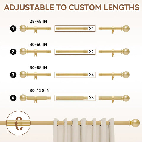 Gold Curtain Rod For Windows 28 To 48 Inch Five Eighths Inch Diameter Heavy Duty Splicing Adjustable Rod With Brackets Easy To Install For Bedroom Patio And Outdoor Use, adjustable lengths shown.
