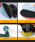 Check Out This Awesome 100 Pack Assorted Sanding Disc Set With Hook Loop Back For Super Fast Wet And Dry Grinding Polishing Plus Dust Removal Using High Grade SiC Grits Ranging From Rough 60 To Fine 1000 For All Your Wood Metal Projects displayed with pneumatic, electric, wall, and angle grinders.