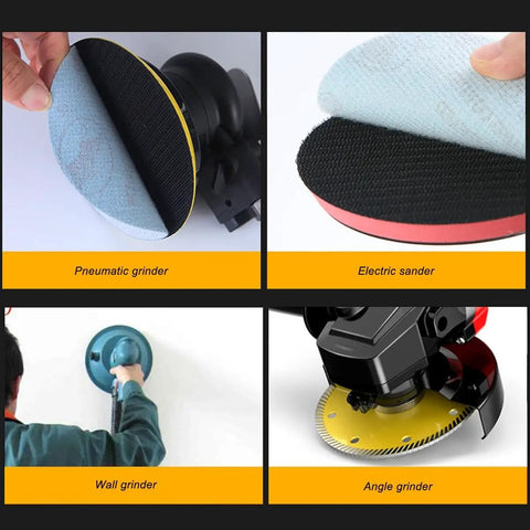 Check Out This Awesome 100 Pack Assorted Sanding Disc Set With Hook Loop Back For Super Fast Wet And Dry Grinding Polishing Plus Dust Removal Using High Grade SiC Grits Ranging From Rough 60 To Fine 1000 For All Your Wood Metal Projects displayed with pneumatic, electric, wall, and angle grinders.