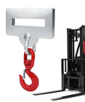 Heavy Duty Forklift Lifting Hook Attachment Single Fork Mount with red crane hook and 360 swivel for warehouse lifting.