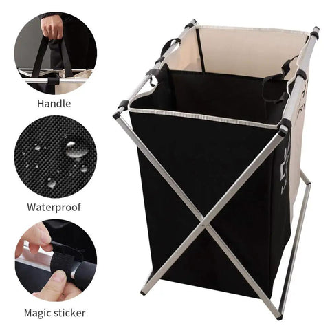 Two Section Laundry Basket Hamper Foldable Waterproof Cloth Organizer With Aluminum X Frame and Carrying Handles for Bathroom and Home