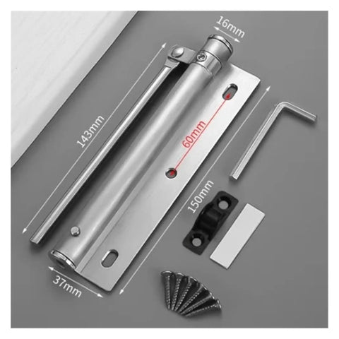 Beefy Adjustable Aluminum Door Closer With Automatic Spring Soft Close Heavy Duty Hardware disassembled with measured parts shown.