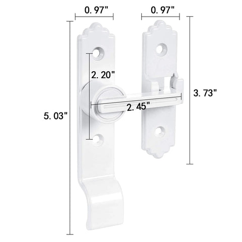 Two Pack 180 Degree Barn Door Lock With Handle, Heavy Duty Flip Gate Latch For Sliding Doors, white metal, dimensions shown