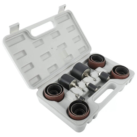 Heavy Hitter 25 Piece Sanding Drum Kit For Drills And Benchtop Presses with case open showing mandrels and sanding sleeves.