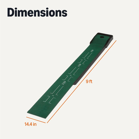 Portable Golf Putting Mat With Auto Ball Return And Built In Alignment Guides For Indoor Practice, 109 Inches Long By 14.4 Inches Wide, Easy Setup For Home Office Or Garage, Improves Aim And Rhythm shown with dimensions