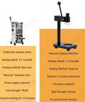 Side-by-side comparison of Easy Manual Can Sealer For Home Brewing And Beverage Preservation Fits All Standard Sizes With Secure Seal To Stop Spills Made From Light Aircraft Grade Aluminum For Long Lasting Results Every Single Time and a traditional manual sealer.