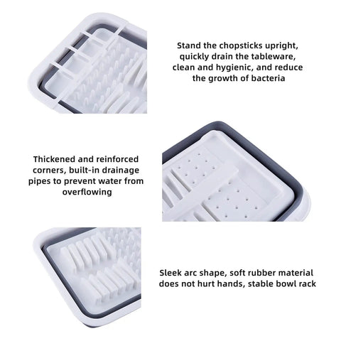 Collapsible Dish Drainer Portable Dinnerware Drainer Organizer with utensil slots and drainage pipes, close-up view