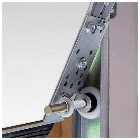 Built Like A Tank Garage Door Bottom Lift Brackets For Seven Sixteenth Inch Roller Stem Heavy Duty Galvanized Steel mount close-up.
