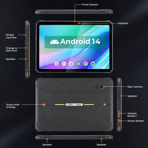 Badass Rugged Android 14 Tablet Built Different For UTV Adrenaline Rides And Gritty Job Sites Featuring Unmatched Screen Clarity And Bulletproof Drop Resistant Armor features shown.
