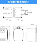 Diagram and dimensions of Plug In 24 Volt Transformer 40 VA With Auto Resetting PTC Fuse For Ring Doorbell And Thermostats