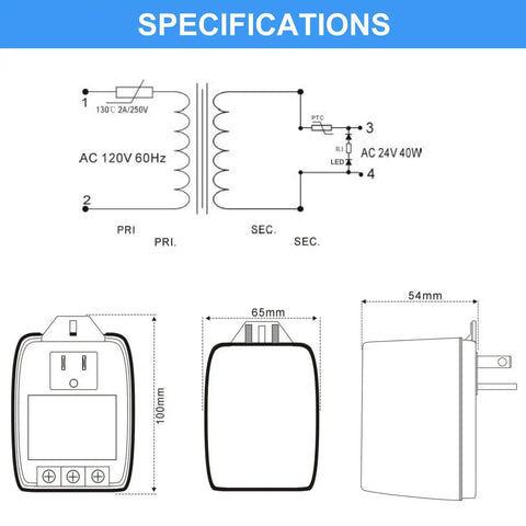 Diagram and dimensions of Plug In 24 Volt Transformer 40 VA With Auto Resetting PTC Fuse For Ring Doorbell And Thermostats