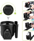 2 In 1 Stroller Cup Holder With Phone Mount Universal Cup Holder For Strollers Bikes Wheelchairs And More Keeps Drinks Secured And Your Phone Handy Fits Uppababy Doona Nuna Strollers And Most Handle Bars, showing black cup holder with phone slot on handlebars.