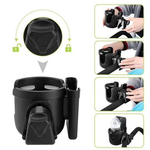 2 In 1 Stroller Cup Holder With Phone Mount Universal Cup Holder For Strollers Bikes Wheelchairs And More Keeps Drinks Secured And Your Phone Handy Fits Uppababy Doona Nuna Strollers And Most Handle Bars, showing black cup holder with phone slot on handlebars.