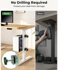 Heavy Duty Under Desk PC Mount For Standing Desk No Fuss Clamp Lifts Tower Smoothly, shown mounted on a white desk, no drilling needed.