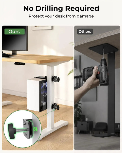 Heavy Duty Under Desk PC Mount For Standing Desk No Fuss Clamp Lifts Tower Smoothly, shown mounted on a white desk, no drilling needed.