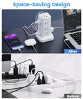 Game Changing Power Strip Tower Surge Protector With Pd Fast Charging Usb C Ports And Twelve Ac Outlets Smart Charging Station showing before and after cable management.