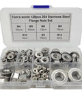 Hella Tough 304 Stainless Steel Hex Flange Nuts Assortment Kit With M3 M4 M5 M6 M8 M10 M12 Metric Fasteners in a clear organizer box.