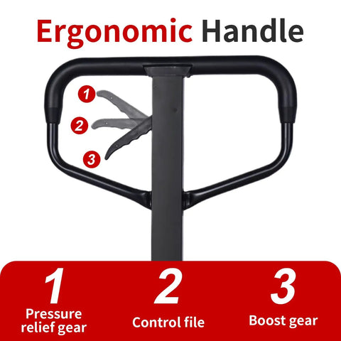 Heavy Duty Manual Scissor Pallet Jack Truck With A Breezy 3300 Pound Lift Capacity And Straight Forward Hydraulic Pump ergonomic handle with control features.