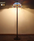 Blue Tiffany Style Floor Lamp 64 Inch Tall With Stained Glass Shade Durable Resin And Aluminum Base Includes Two 2700K E26 LED Bulbs Night view
