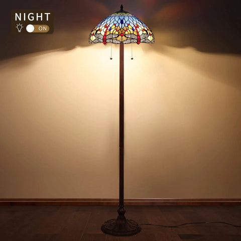 Blue Tiffany Style Floor Lamp 64 Inch Tall With Stained Glass Shade Durable Resin And Aluminum Base Includes Two 2700K E26 LED Bulbs Night view