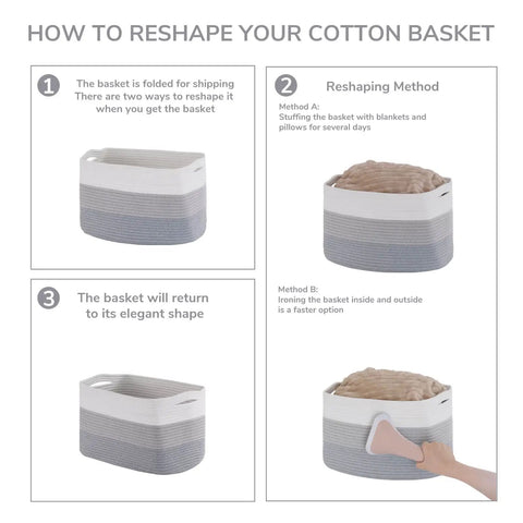How to reshape Woven Rope Storage Baskets Set Of 3 For Books Toys Towels And Magazines, Small Rectangle Organizer Bins demonstration
