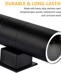 Close-up of Modern Outdoor Wall Lights Up and Down Cylinder Sconce Matte Black Pack of 2 Waterproof Exterior Fixtures