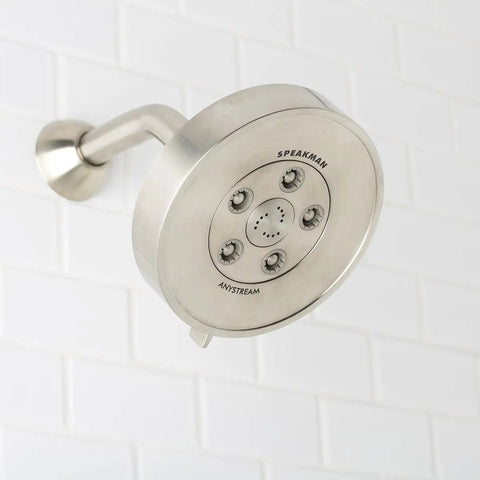 Neo Anystream 3 In 1 Shower Head With Self Cleaning Plungers Brushed Nickel Finish 2.5 GPM mounted on bathroom wall