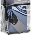 Front zipper pocket of clear backpack with built-in laptop sleeve for everyday carry, showing internal organizer and phone