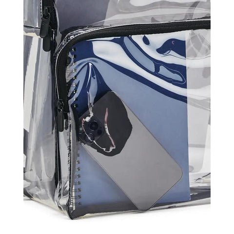 Front zipper pocket of clear backpack with built-in laptop sleeve for everyday carry, showing internal organizer and phone