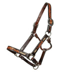 Top Shelf Western Horse Halter Made From Slick Dark Chocolate Leather With Rawhide Braided Lacing Plus Boss Rigged Stainless Steel Hardware And A Quick Adjust Chin Strap For Slick Rides, featuring decorative stitching.