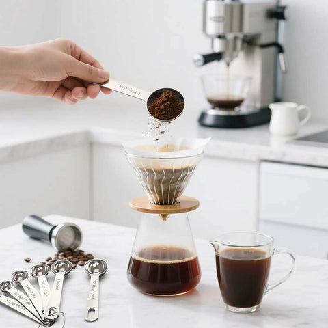Hand using Six Piece Stainless Steel Measuring Spoons Set For Cooking And Baking Includes One Eighth Teaspoon One Quarter Teaspoon One Half Teaspoon One Teaspoon One Half Tablespoon One Tablespoon Coffee Scoop Rust Resistant Food Grade Kitchen Gadgets to measure coffee over a pour-over coffee maker