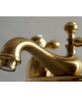 Close-up of Brushed Brass Centerset Bathroom Faucet With Solid Brass Construction Drip Free Ceramic Disc Deck Mount 4 Inch Centerset