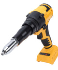 Heavy Duty Cordless Rivet Nailer With Brushless Motor And Auto Reverse Works Perfectly With Dewalt Dcb Batteries For Overhead Jobs Or Tight Spaces Includes Led Light Plus 18 Inch Rivet Cap Kit To Zip Up Metal Sheets Fast yellow and black cordless tool