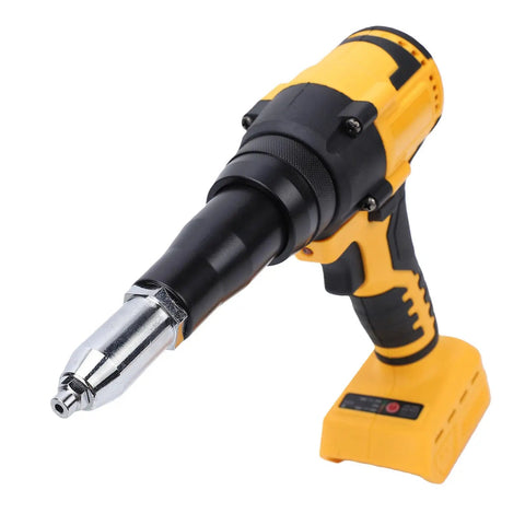 Top Tier Cordless Rivet Gun With Brushless Motor Kit For 1/8 5/32 And 3/16 Inch Rivets, Auto Reverse Function Plus LED Light For Heavy Duty Metal Fabrication And Auto Repair Projects. Cordless yellow-and-black rivet gun with battery pack and metal nose tip