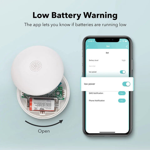 Open Smart Water Leak Detector 2 Pack With WiFi Alerts And 75 DB Alarm showing battery compartment next to phone app interface