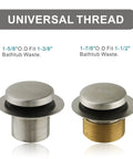 Brushed Nickel Tub Drain Conversion Kit With 1 Hole Overflow Faceplate And Adapter, Easy Install No Fuss Tip Toe Style Tub Drain Trim Set, Coarse Thread Replacement, Solid Brass And Stainless Steel Build, Universal Fit showing two drain fitting options for universal threads, 1-3/8" and 1-1/2" bathtub waste sizes.
