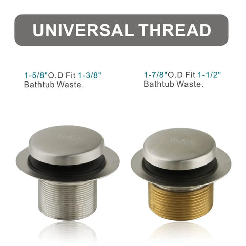 Brushed Nickel Tub Drain Conversion Kit With 1 Hole Overflow Faceplate And Adapter, Easy Install No Fuss Tip Toe Style Tub Drain Trim Set, Coarse Thread Replacement, Solid Brass And Stainless Steel Build, Universal Fit showing two drain fitting options for universal threads, 1-3/8" and 1-1/2" bathtub waste sizes.
