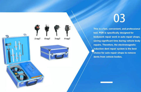 Open view of Pro Grade Paintless Dent Repair Kit For Auto Body, showcasing 1380W Portable Suitcase and magnetic induction tools.