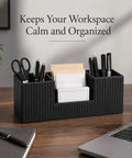 PU Leather Desk Organizer And Pen Holder For Office Black on desk with pens, scissors, cards neatly displayed for organized workspace
