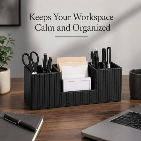PU Leather Desk Organizer And Pen Holder For Office Black on desk with pens, scissors, cards neatly displayed for organized workspace