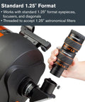 X-Cel LX 2x Barlow Lens For 1.25 Inch Eyepieces, Amp Up Your Telescope View, Three Element Apochromatic Optics, Fully Multi Coated, Rubber Grip, Brass Compression Ring, Filters Compatible, 1.25 inch telescope accessory in use