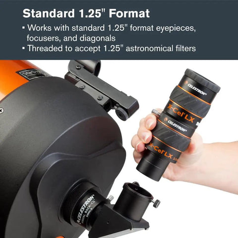X-Cel LX 2x Barlow Lens For 1.25 Inch Eyepieces, Amp Up Your Telescope View, Three Element Apochromatic Optics, Fully Multi Coated, Rubber Grip, Brass Compression Ring, Filters Compatible, 1.25 inch telescope accessory in use