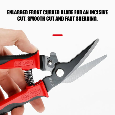 Non Slip Aviation Snips 9 Inch Manganese Steel Sheet Metal Cutter with curved blade and ergonomic red handle in hand