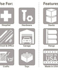 Illustration showing uses for heavy duty plastic storage bins in hospital, hardware, school, garage, crafts, toys and features like stacking, hanging, Made in USA.